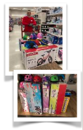Two images of shopping for Toys for Tots