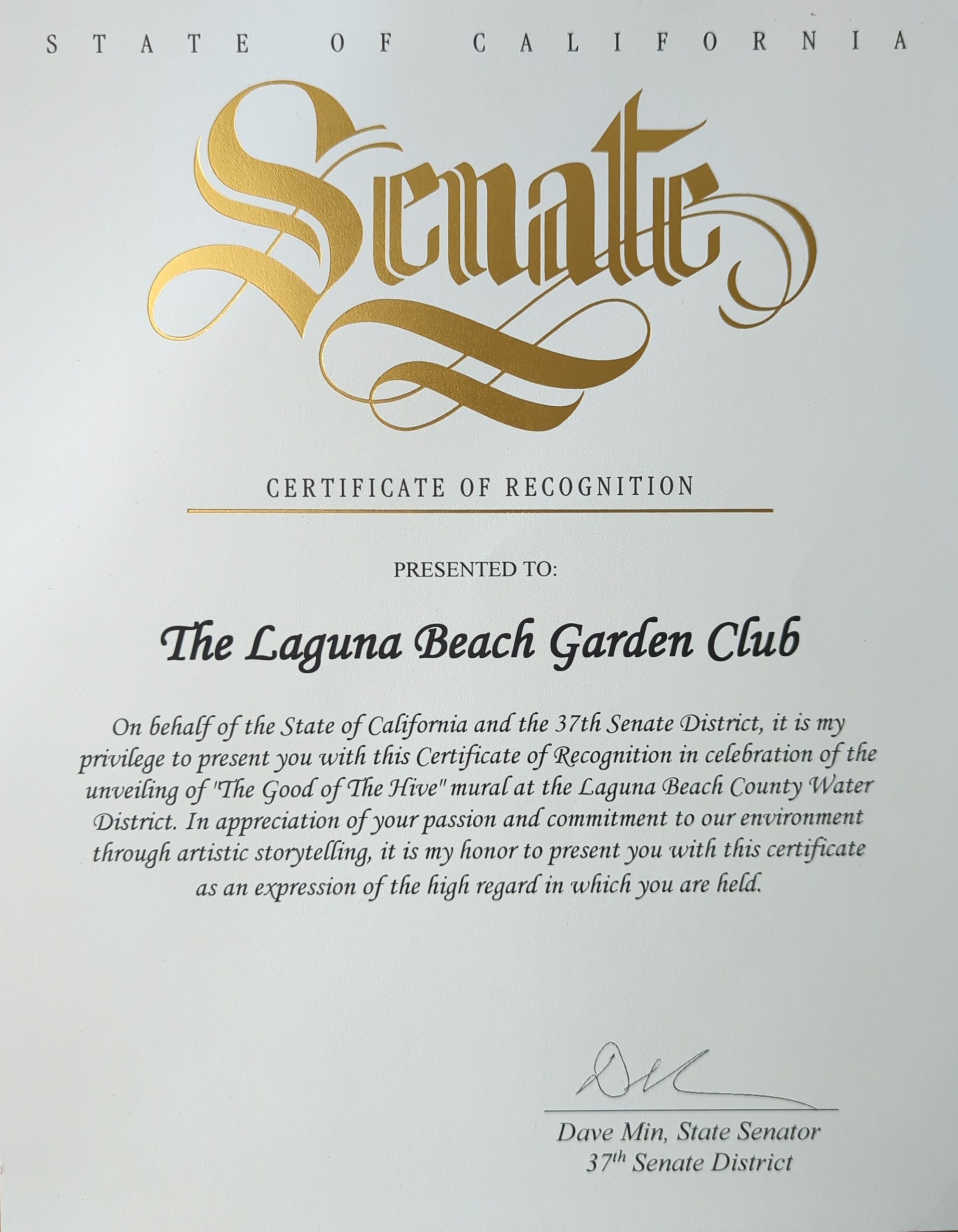 State of California Senate Certificate of Recognition